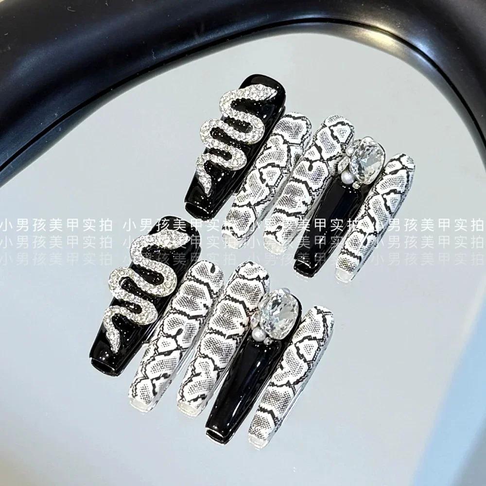 10Pcs Luxury Handmade Long Stiletto Press On Nails 3D Sparkling Diamond Bow Pearl Flower Full Cover Fake Nails