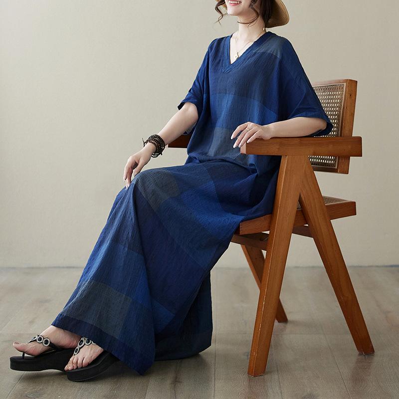 

Summer V-neck Cotton and Linen Women s Loose Long Dress verage size