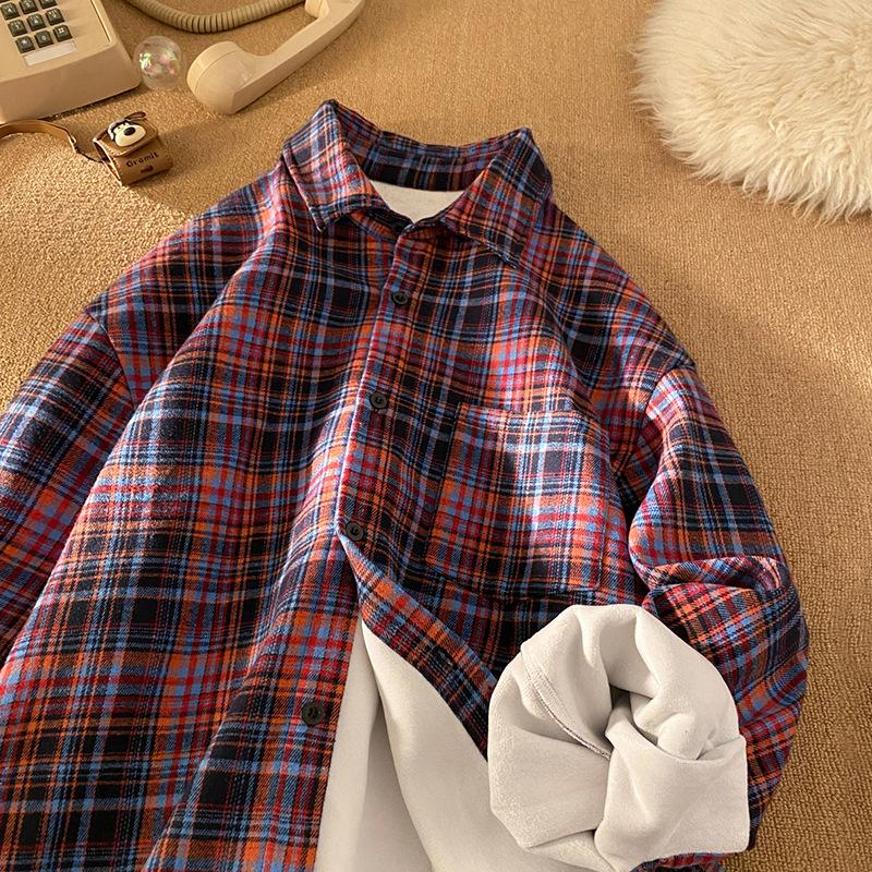 

Свободная осенне-зимняя американская ретро-клетчатая рубашка-куртка большого размера с лацканами и длинными рукавами на флисе, мужская и женская. L