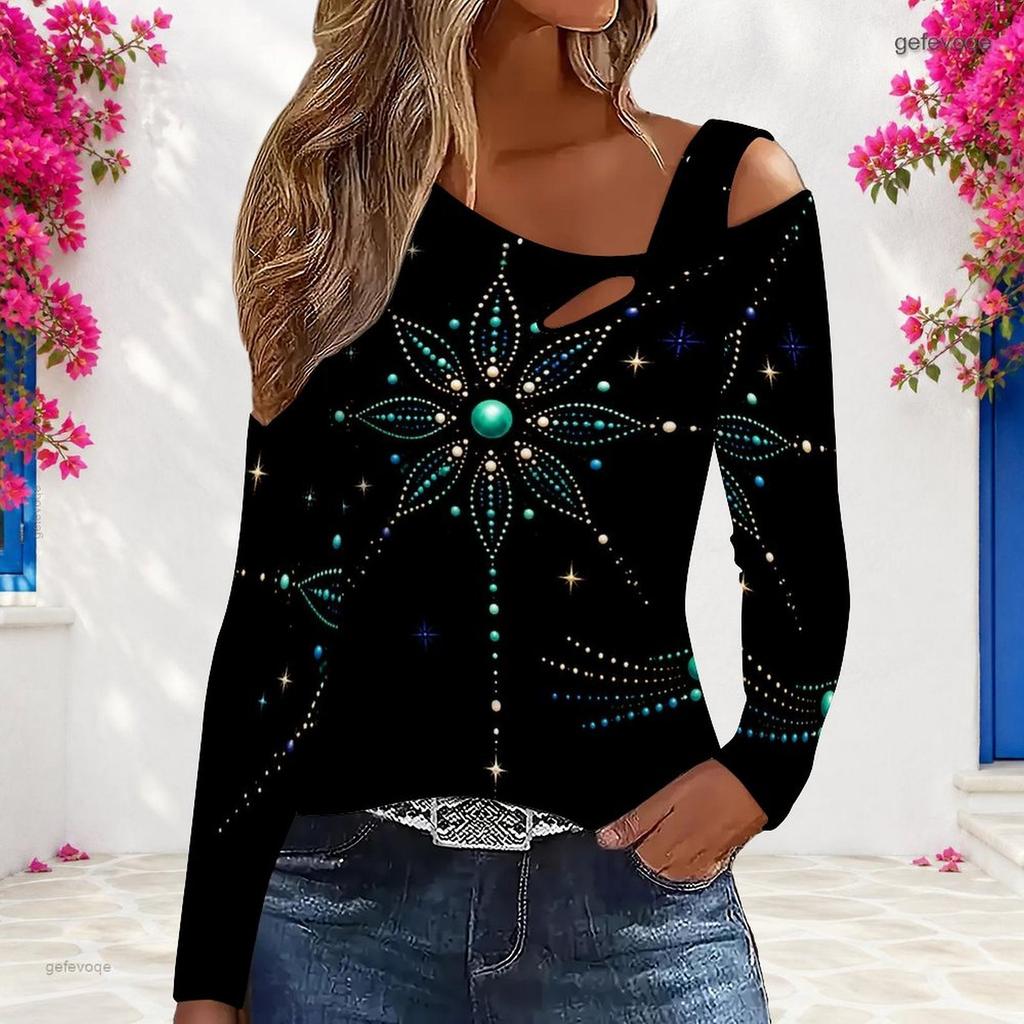 Women Plus Size Asymmetric Cutout Neck Cold Shoulder Long Sleeve Fitted Pastel Gradient Printed Top