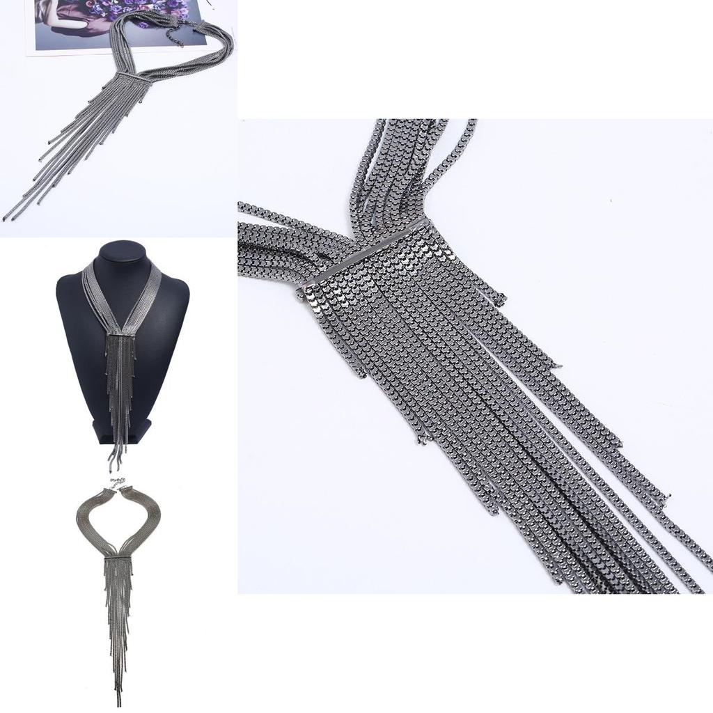 Stylish Tassel Necklace With Rhinestones And Layered Box Chain For Urban Fashion Fans