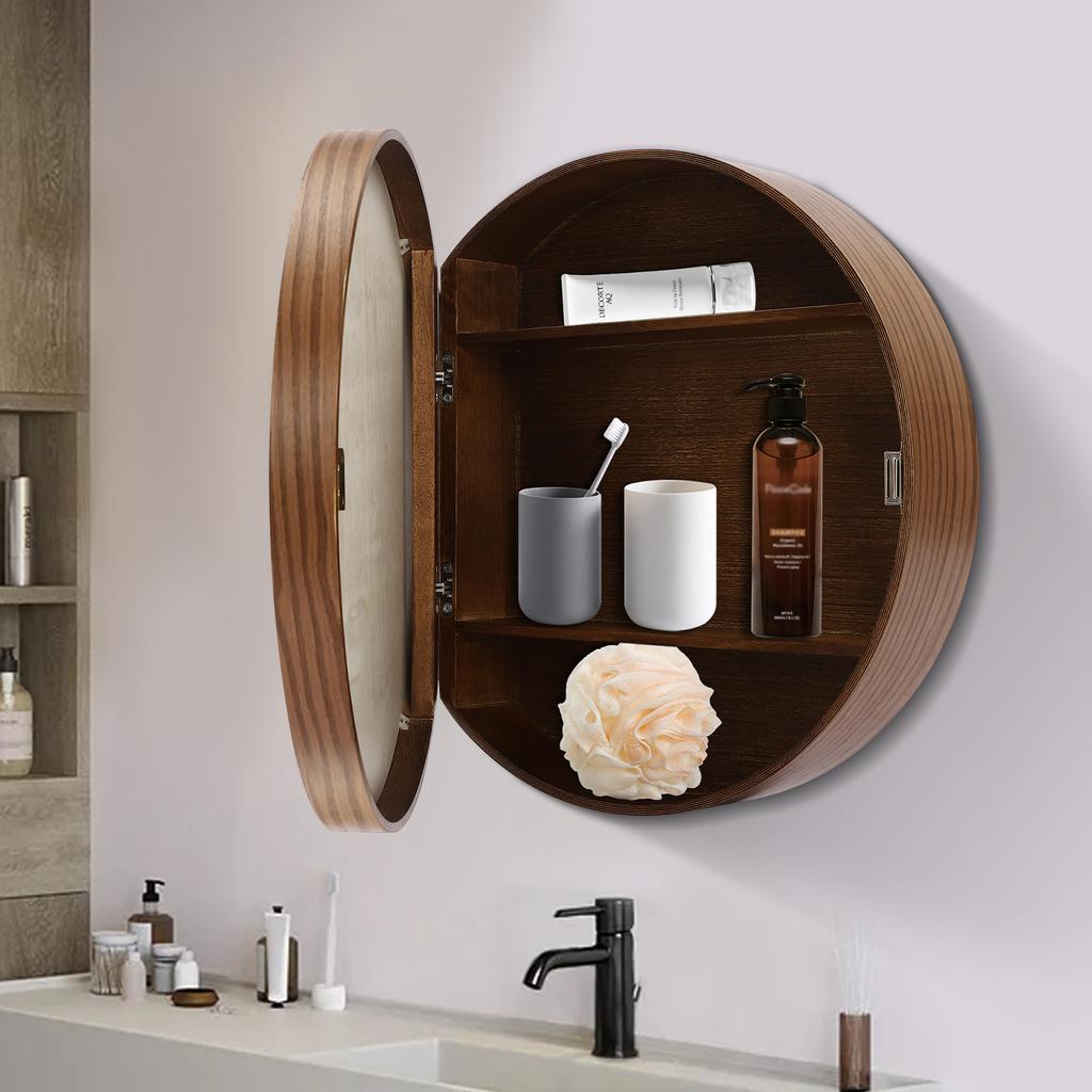 50cm Round Bathroom Mirror Cabinet W/ Storage, Flip Open Door, 3-Tier Interior, Wall Mount Modern Vanity Organizer for Bathroom