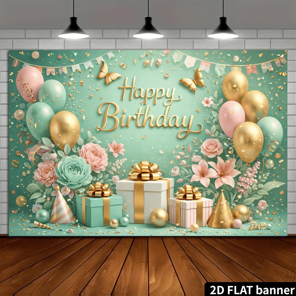 Tissu de toile de fond de fête d'anniversaire plan 2D couleur menthe avec texte en feuille d'or « Joyeux Anniversaire », fabriqué en polyester durable.