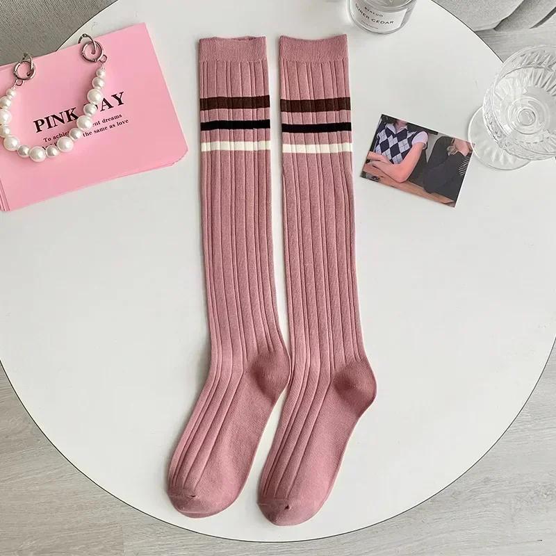 

Women Calf Socks Simple Striped Knitting Cotton Stockings Japanese Style Knee Socks Sweet Girls Kawaii Long Socks Calcetines One Size