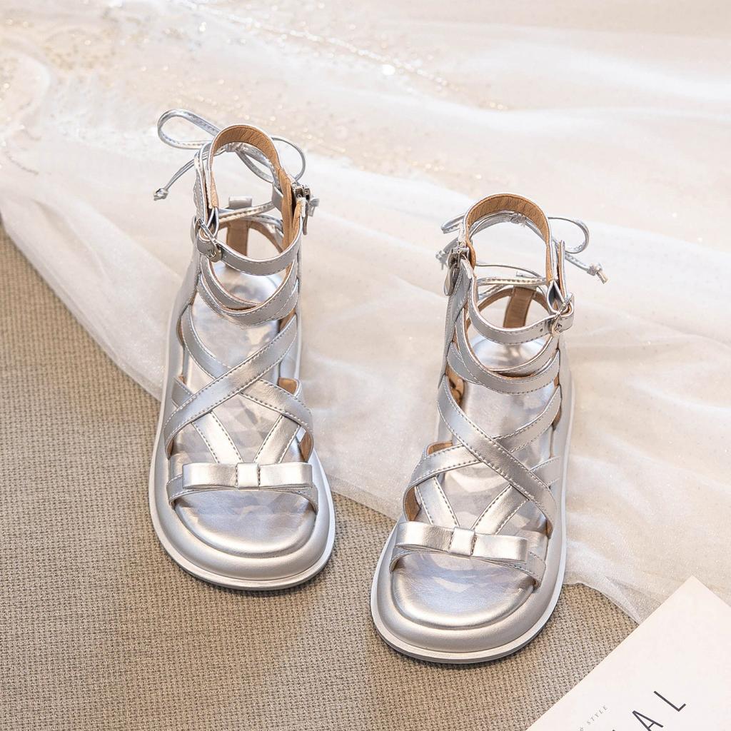 Summer girls sandals 2025 children's shoes soft sole high-top Roman shoes foreign silver princess style girls shoes