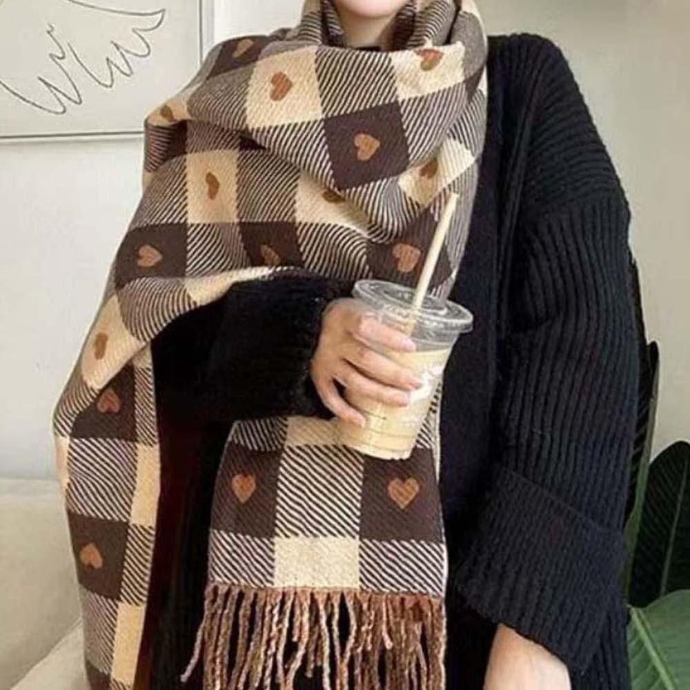 Acrylic Fibers Heart Thickened Scarf Long Tassel Shawl Korean Style Plaid Knitted Scarf  Couple