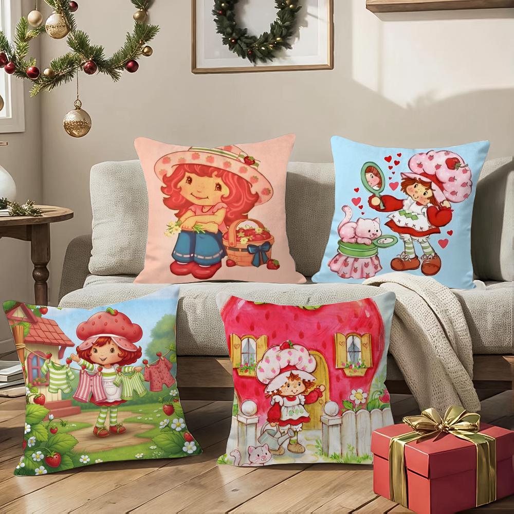 Cute Role Strawberry Shortcake-Cartoon Silky Short Plush With Invisible Zipper Dustproof Sofa Cushion Cover For Home Decor