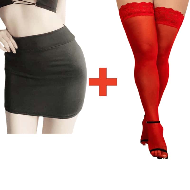 2PCS/SET Women High Waist Pencil Mini Skirts+Stockings Dress Set,Sexy Casual Wrap Hips Black Short Skirt and Pantyhose