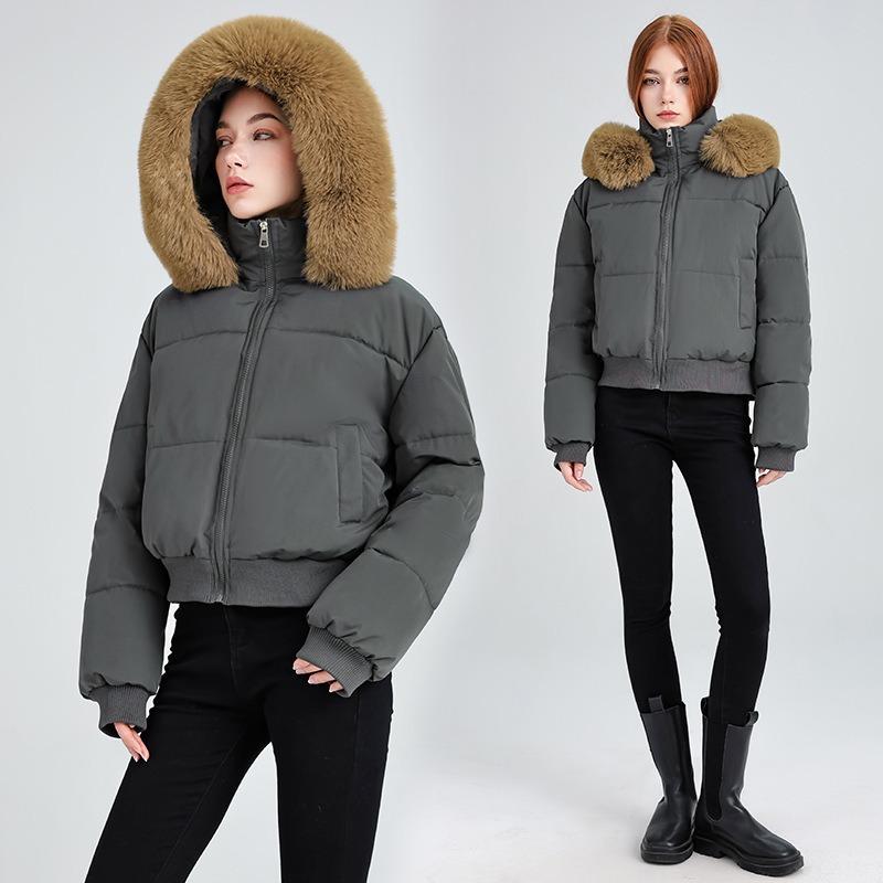 Big Fur Collar Hooded Short Cotton Clothes Women's Autumn and Winter New Thickened Warm Cotton Clothes Waist Design Jacket