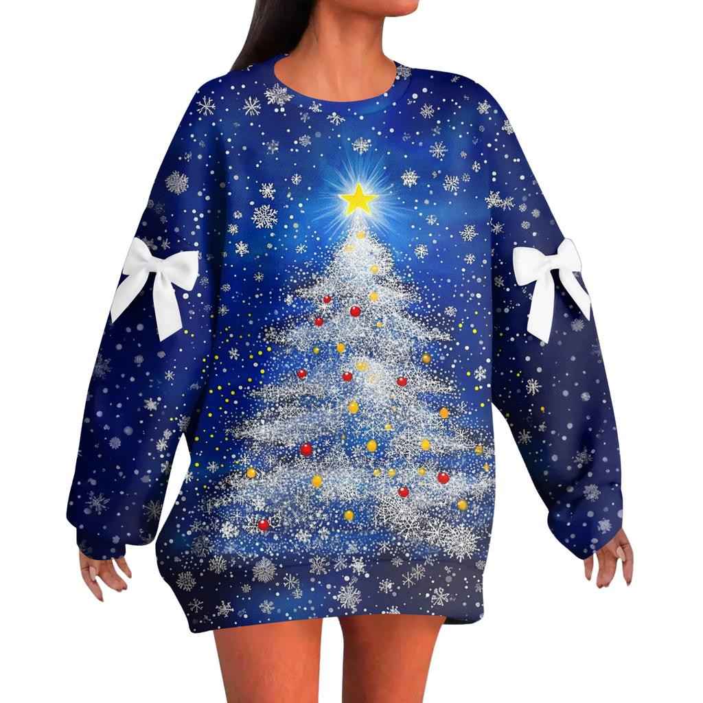 Ladies' Christmas Printed Bow Round Neck Long Sleeved Loose Pullover Sweater Sweatshirt Top
