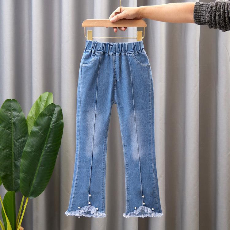 Girls' Jeans Spring and Autumn Casual Children's Loose Flare Pants Lace Pearl Girls' Denim Pants