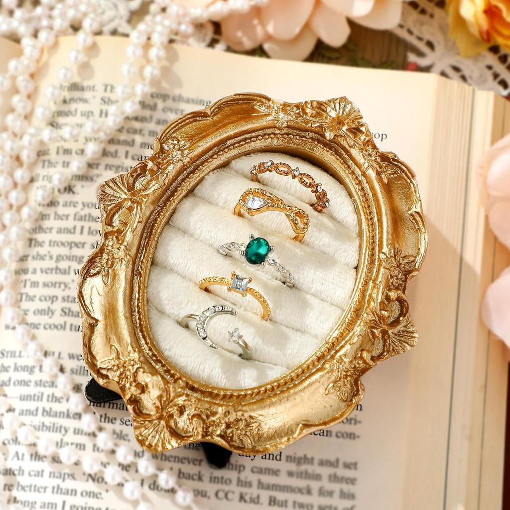 Vintage Ring Holder Velvet Gold Frame Earring Tray Jewelry Earring Ring Display Stand for Engagement Ceremony Birthday Home