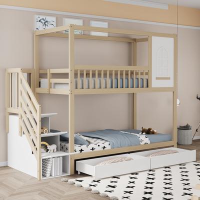 Patrová postel Dětská postel 90*200cm, Postel z masivního dřeva, Tvar domečku s okny, Design s bezpečnostním zábradlím, S úložnými zásuvkami a bezpečnostním žebříkem, Barva dřeva