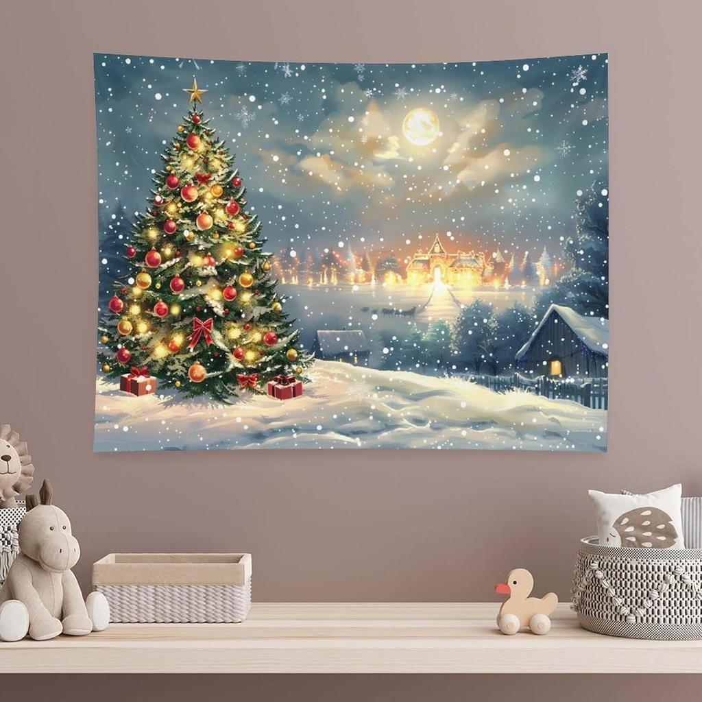 Christmas Studio Tapestry Wall Hanging Christmas Wooden Doors Windows Winter Snow Scene Xmas Trees Gifts Art Wall DecorChristmas