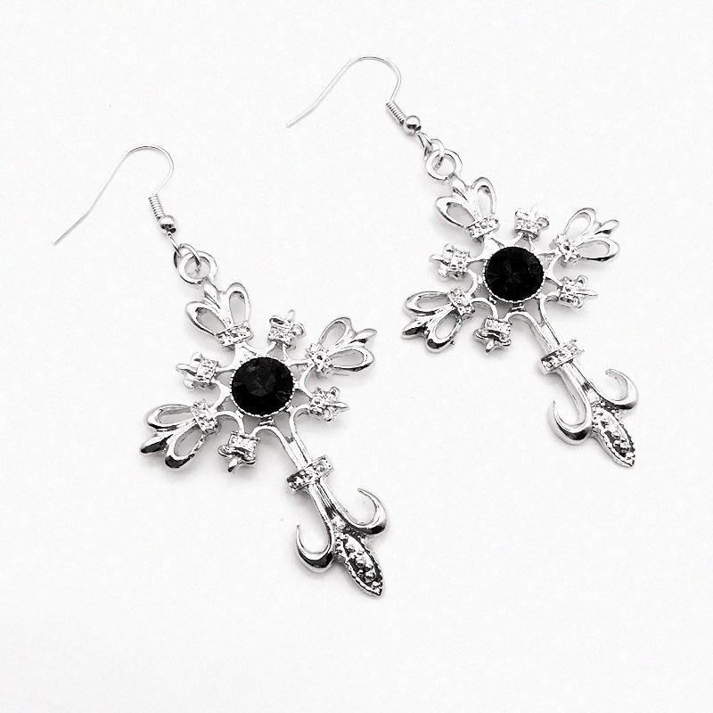 Gothic Punk Hollowed-out Cross Anchor Red Zircon Pendant Dangle Earrings for Women Personality Charm Hoop Earring Jewelry Gifts