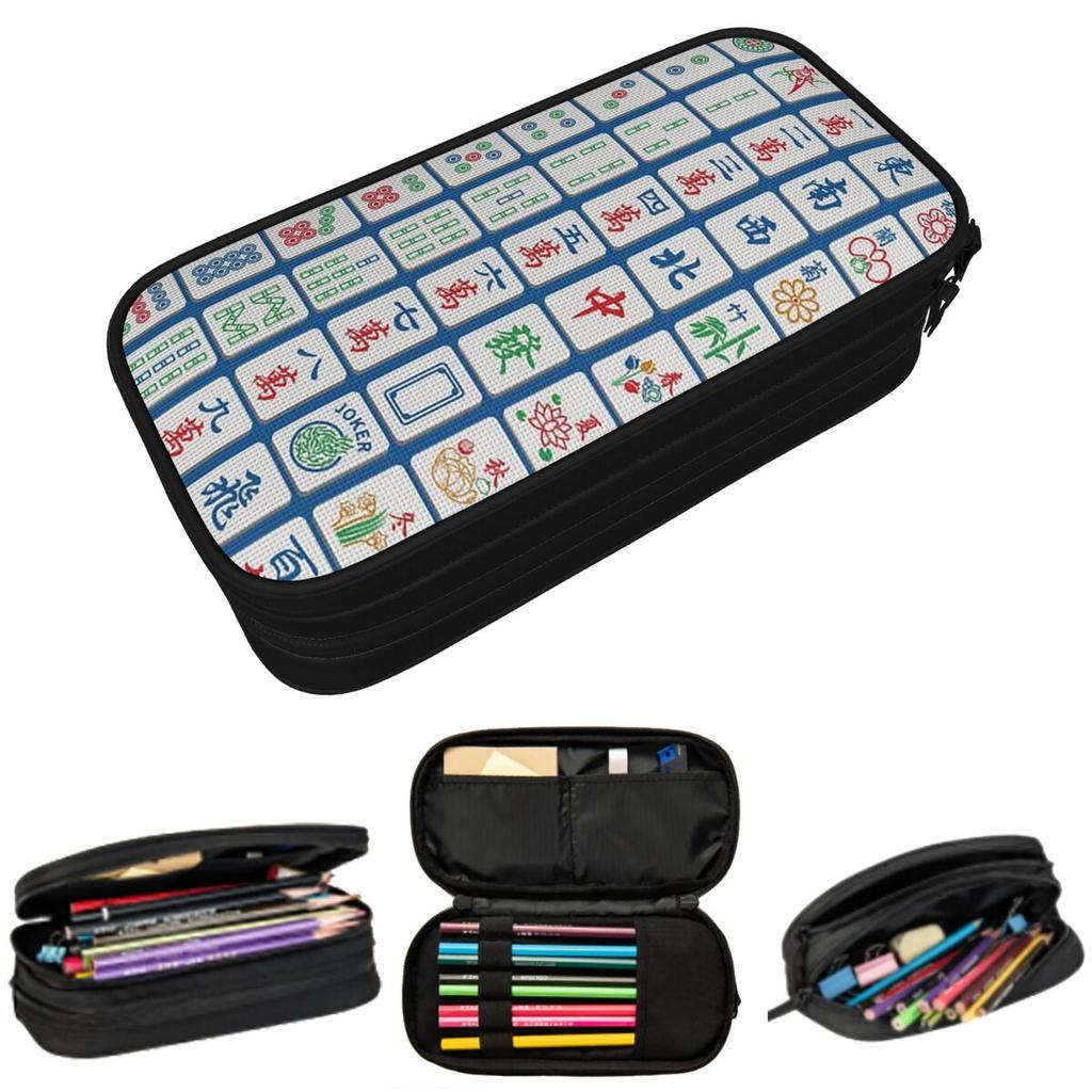 Mahjong Tiles On Blue Pencil Case for Boy Girl School Pen Box Pencil Bag Stationery Supplies Pen Holder Bag