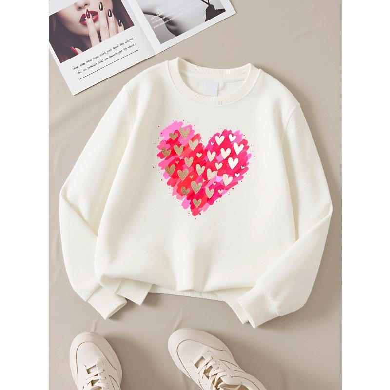 Girls' Crewneck Sweatshirt Heart Pattern with Golden And White Machine Washable, Spring And Autumn