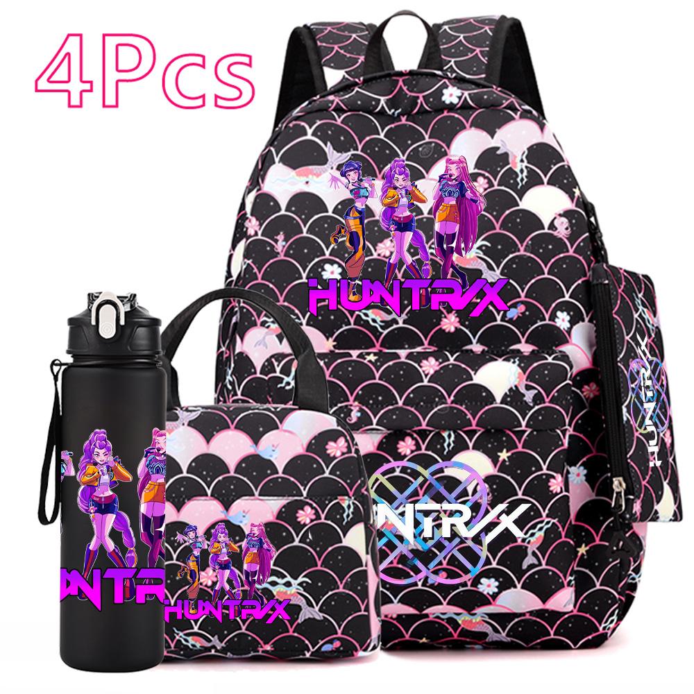 

4Pcs/set K-Pop Demon Hunters Printed Backpack Large Capacity Bookbag Handbag Case Bag with 750Ml Water Bottler Girl Schoolbag Waterproof Travel Bag