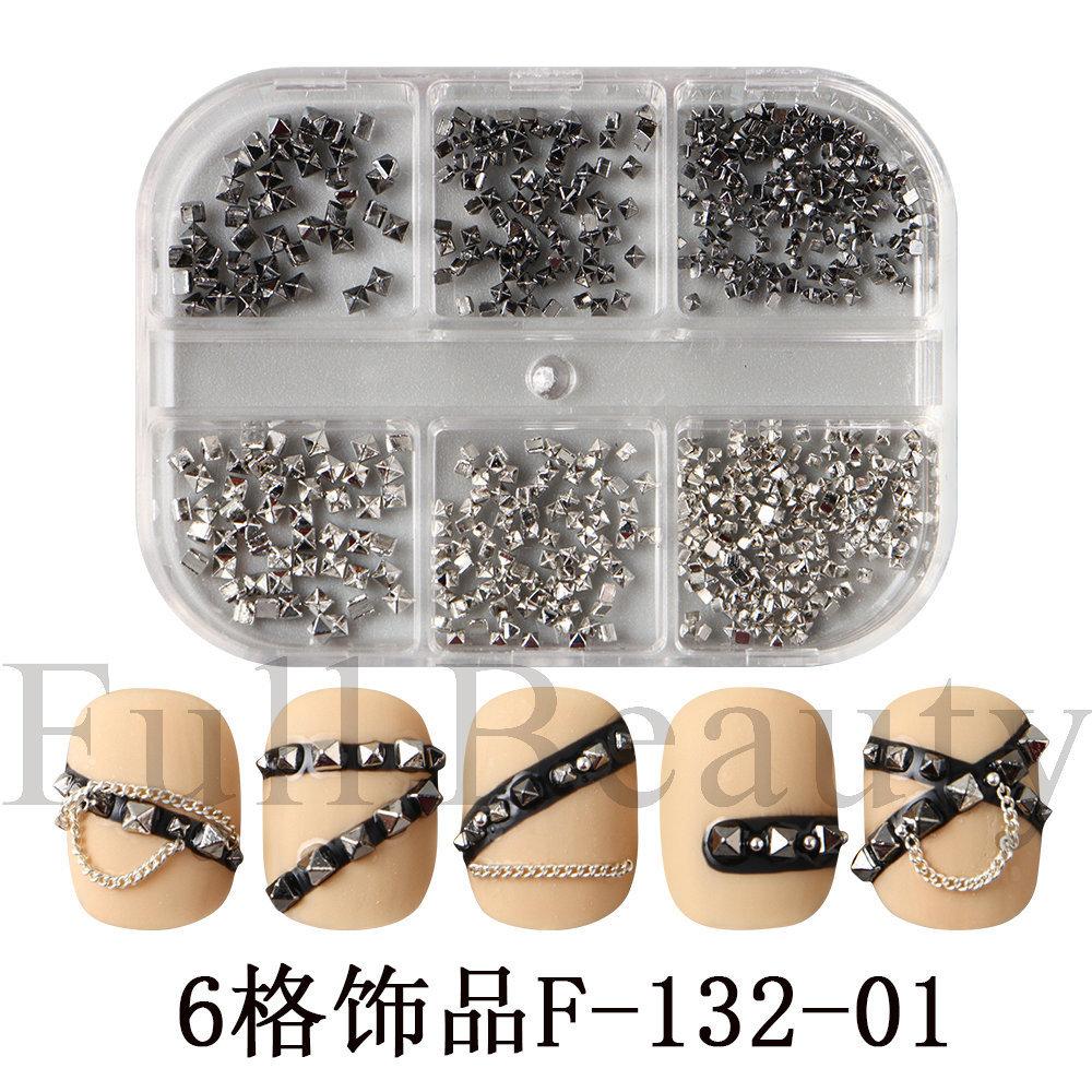 Nail Art Jewelry 6-Grid Box Black Silver Gold Square Rivet Punk Nail Jewelry
