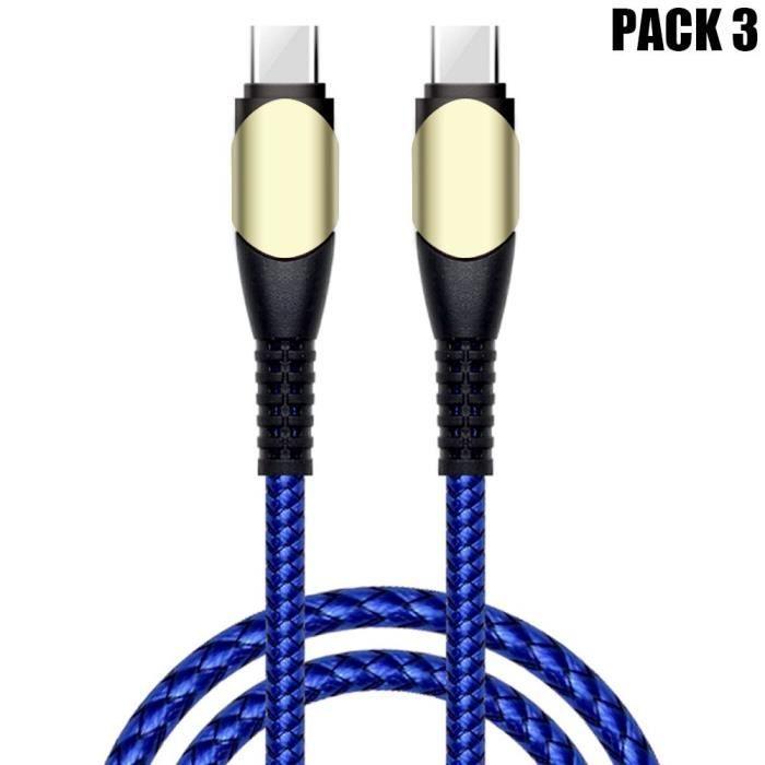 Lot de 3 Câble USB-C vers USB-C Rapide 60W pour Samsung Galaxy A16 A12 A13 A14 A03s A04s A22 A23 A24 - Nylon Renforcé 1M Bleu