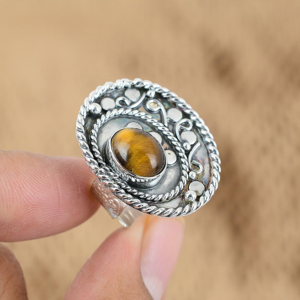Natural Tiger'S Eye Gemstone Promise Adjustable Ring 925 Sterling Silver Jewelry
