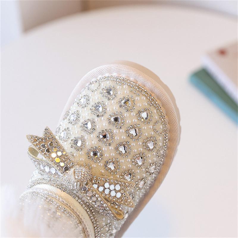 Winter Children Snow Boots Leather Warm Plush Rhinestone Bling Bling Kids Shoes Non-slip  Girls Cotton Boots EU 26-37