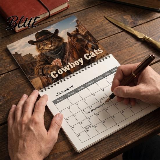 Vintage Style Cat Illustration 12 Calendar 12-Month Cowboy Wall Art 2027 Western Kitten Month Schedule