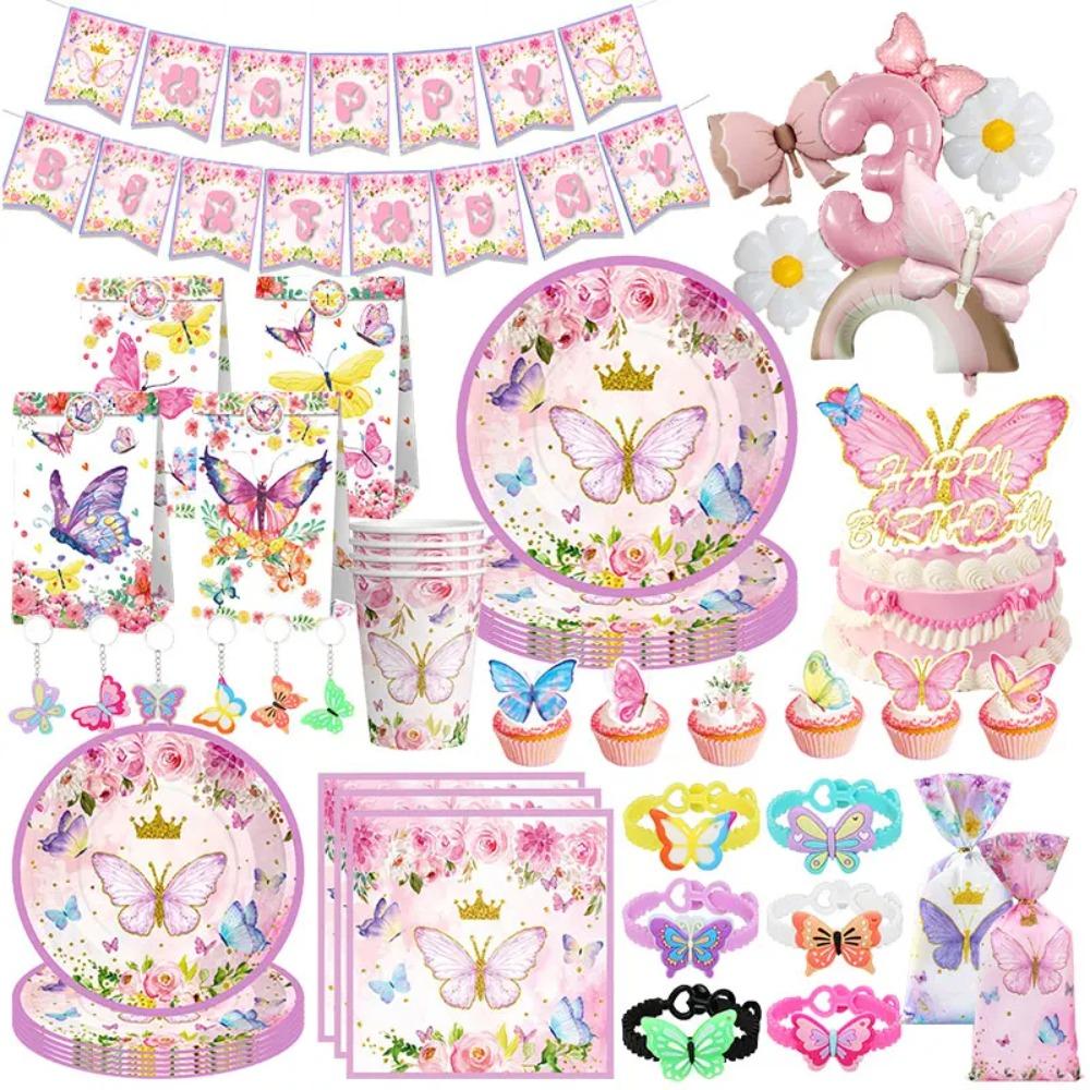Pink Butterfly Birthday Decoration Balloon Set Tableware Cup Plate Napkin Gift Bags Backdrop Banner KeyChain Girl Party Supplies