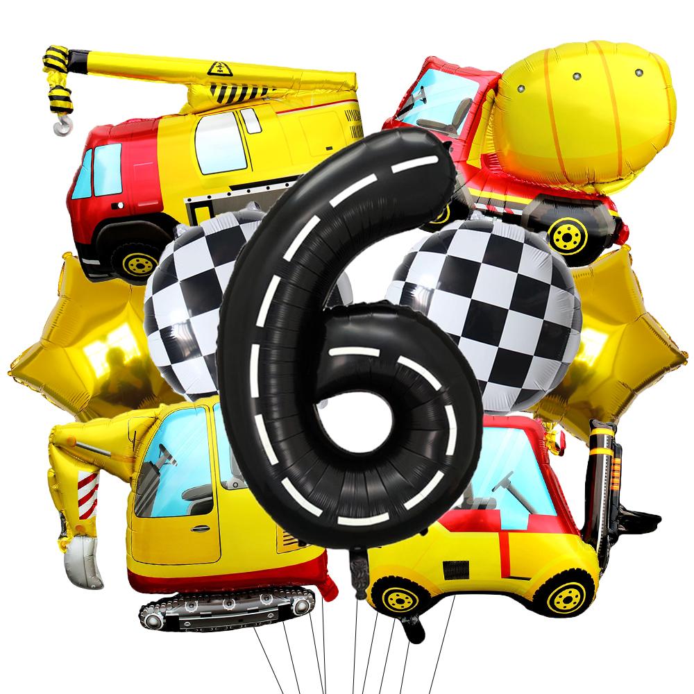 9 Pcs 1set Engineering Theme Foil Balloons With 40Inch Number Birthday Party Ballon Construction Vehicle Tractor Car Balloons