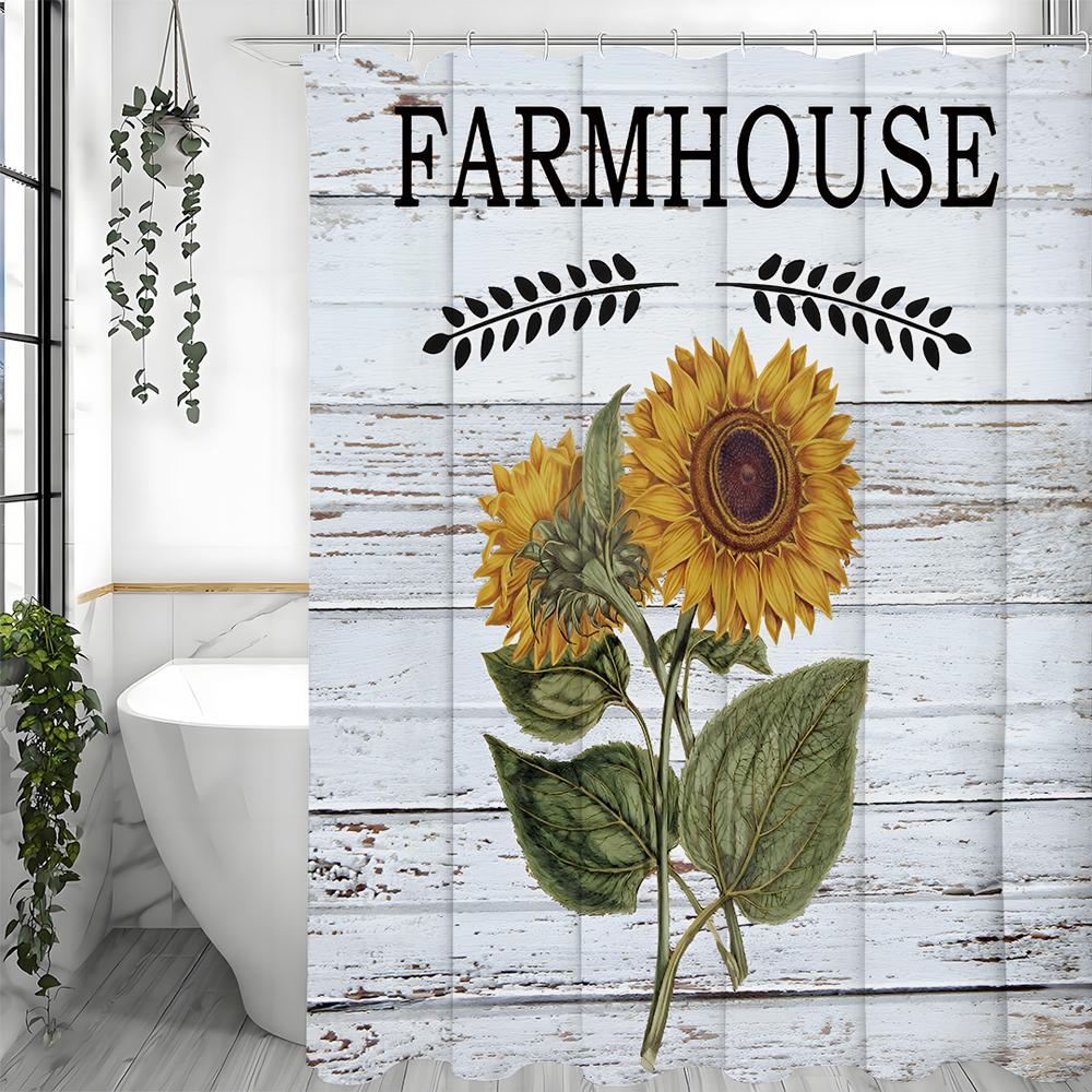 Sunflower Wood Panel Shower Curtain, Bathroom Decorative Shower Curtain, Waterproof Shower Curtain with Hooks