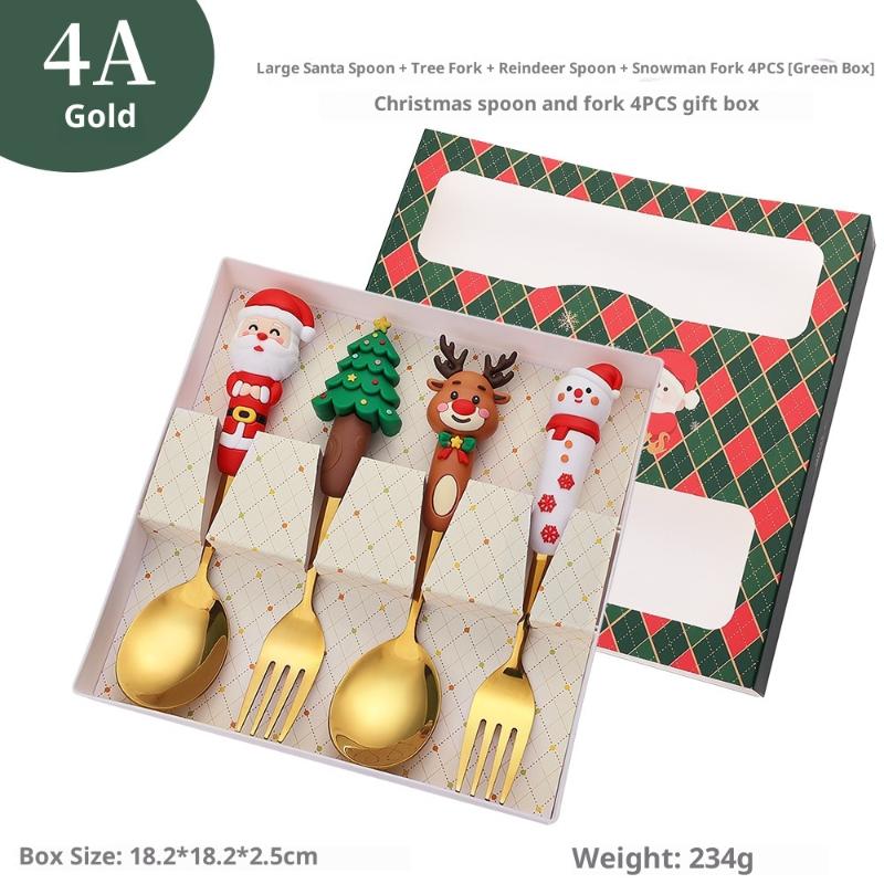 4Pcs Christmas Gift Glod Silver Spoon Fork Set Elk Christmas Tree Decoration Dessert Scoop Fruit Fork Coffee Spoon Cutlery Set