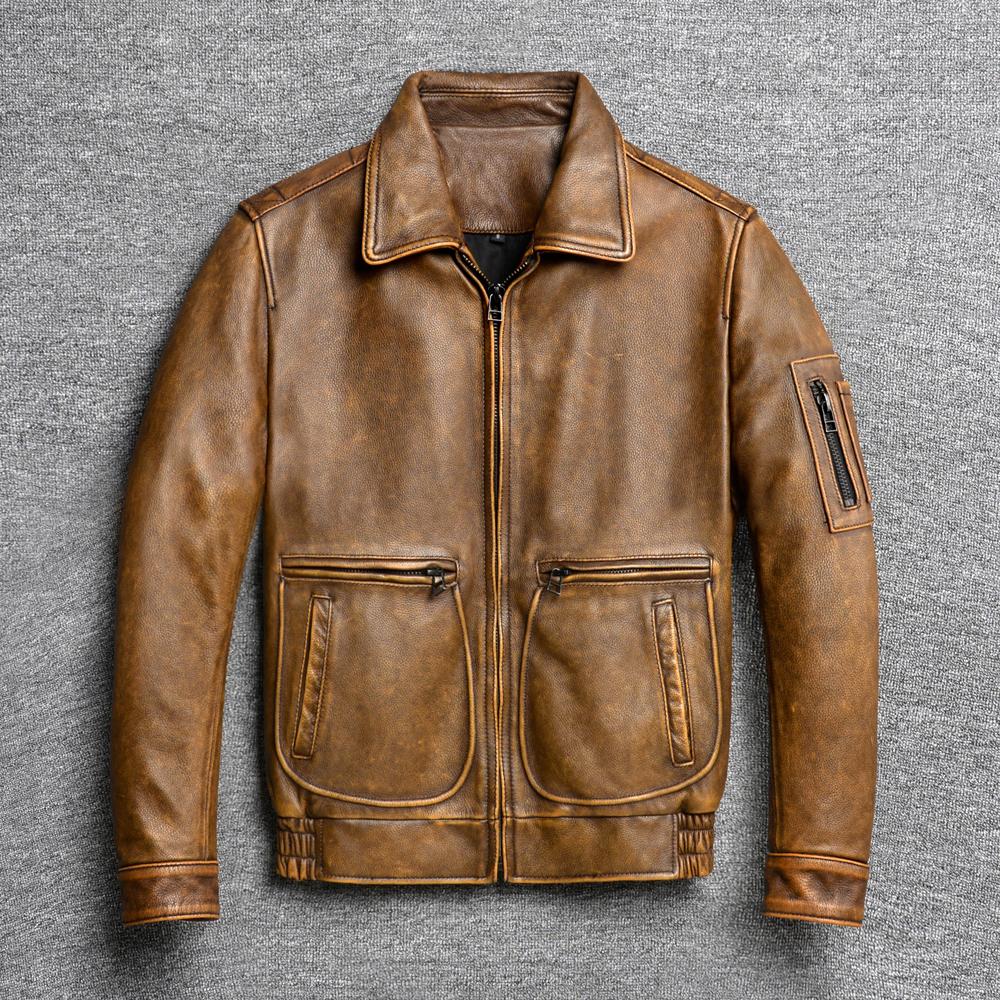 

Vintage Yellow Brown Genuine Leather Jacket Men Real Cow Air Force Flight Suit A2 Pilot Leather Jacket Man Bomber Coat Autumn 6XL дубильна кора