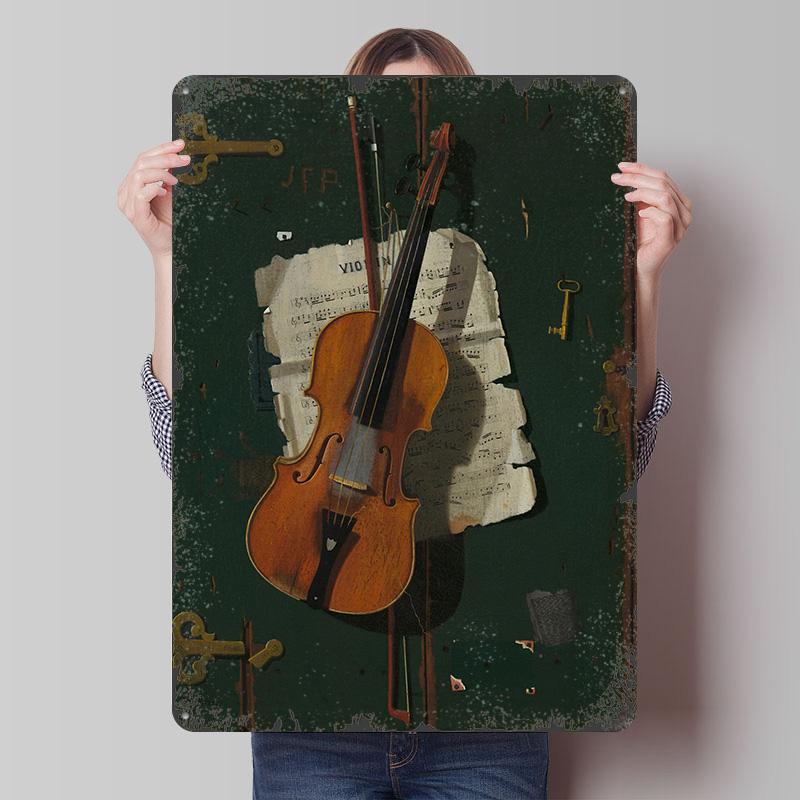 Violin and Sheet Music Still Life Printed Poster Customized Wall Art Retro Vintage Metal Tin Signs for Coffee Bar Accessories