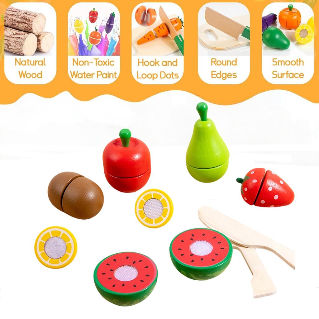Wooden Fruit Vegetables Cutting Set for Kids, Food Pretend Play Simulation Kitchen Role Play Educational Toys For Children