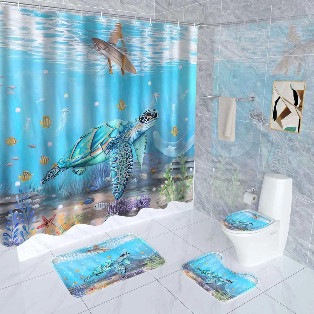 Sea Turtle Shower Curtain Set Bathroom Rug And Accessories Ocean Nautical Shower Curtain Set With Hook Durable Waterproof Fabric