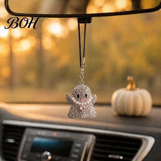 Sparkling Rhinestone Car Charm Halloween Ghost Bling Hanging Accessories, Faux Crystal Rear Decorations for View Mirror Charm, Auto Interior