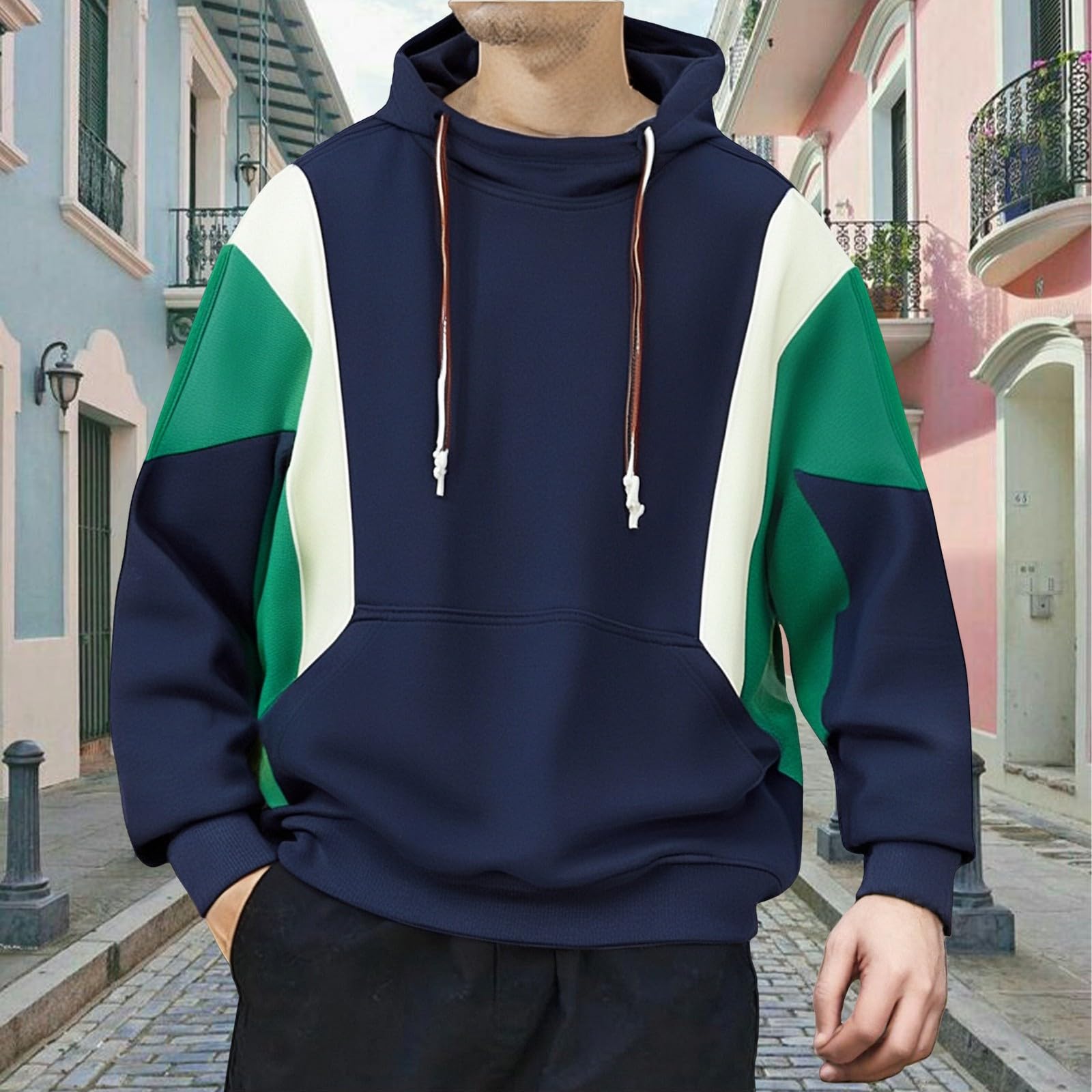 

Мужская толстовка с капюшоном в стиле колор-блок, с длинным рукавом, на шнурке, пуловер, блузка для прогулок на свежем воздухе с карманом XXL тёмно-синий