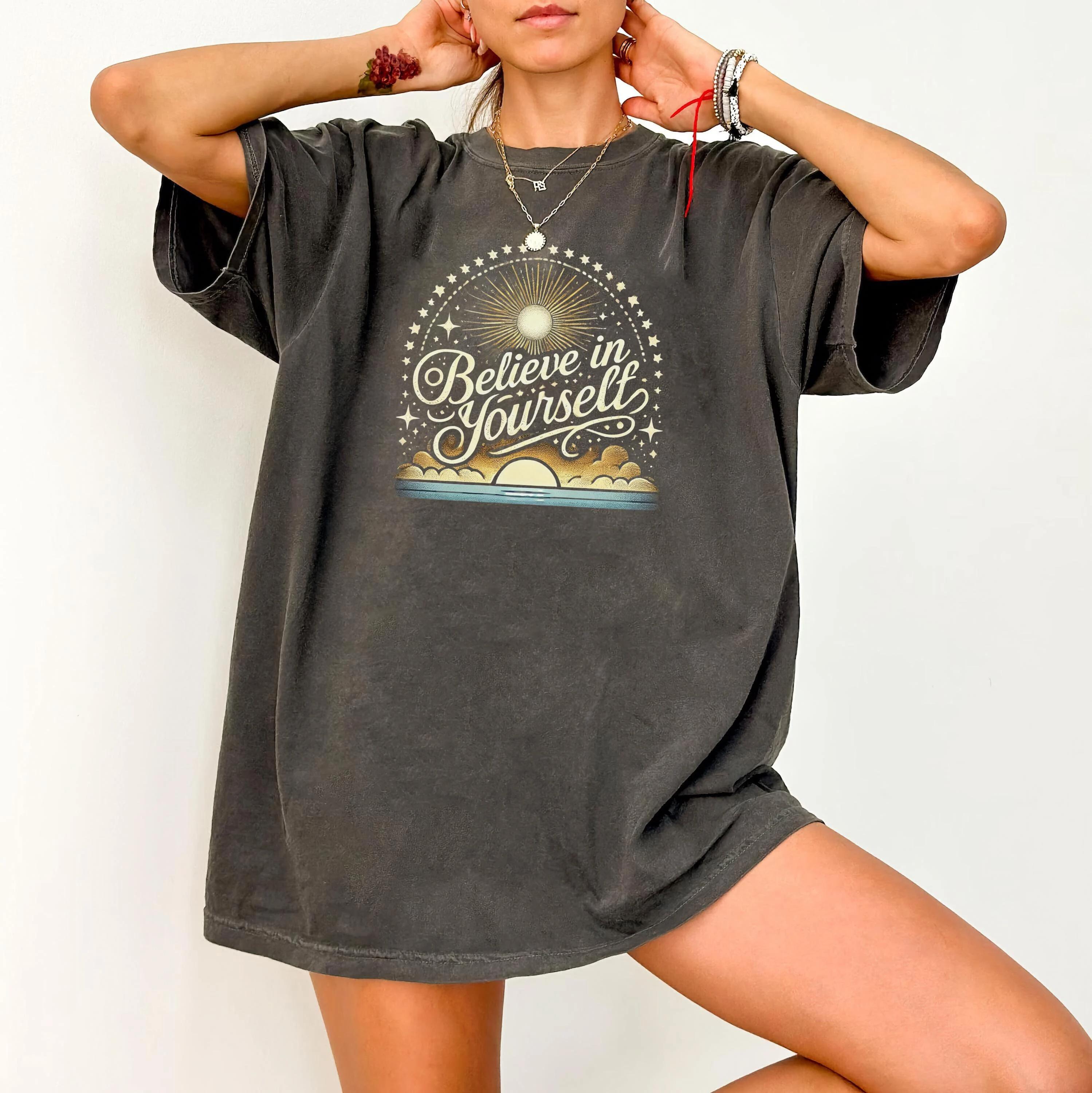 Summer Womens Believe in Yourself Retro Graphic TShirt Cotton and Breathable Short Sleeve Streetwear Oversized Loose Casual S