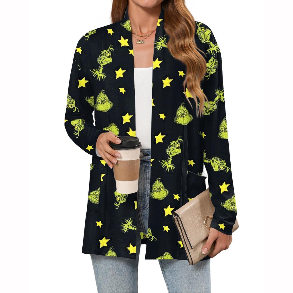 Women's Christmas Printed Lightweight Cardigan Long Sleeved Casual Loose Thin Fit With Pockets Cardigan Jacket