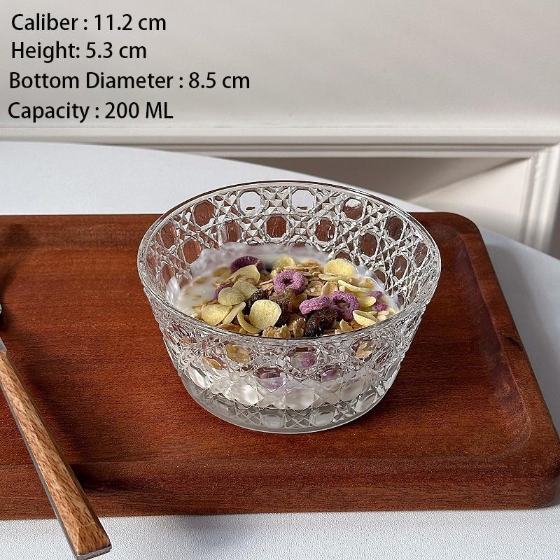 Glass Fruit Salad Bowl Ins Style Embossed Gemstone Patterned Home Oat Dessert Breakfast Bowls Large Capacity Kitchen Supplies