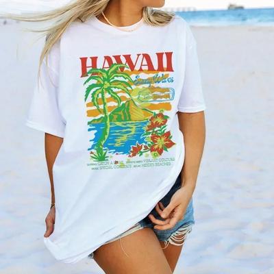 Χαβάη Oversized T-Shirt Χαριτωμένο Τροπικό Μπλουζάκι Παραλίας Κοντομάνικο Βαμβακερό Vintage Γραφικό T-Shirt Γυναικείο Καλοκαιρινό Μόδα Τοπ Διακοπών