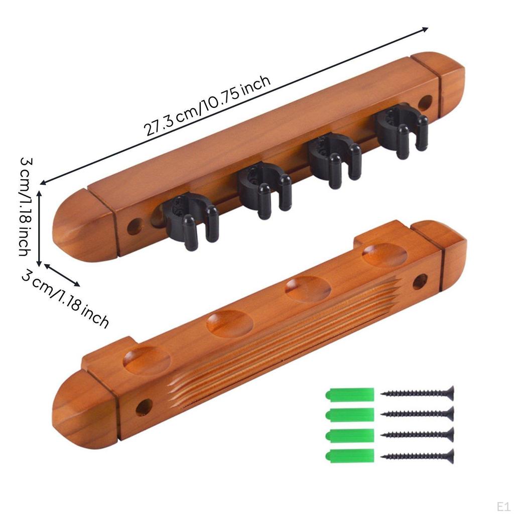 4 Hole Billiard Cue Rack Wood WallAttached Saving Wooden Pool Holder for Game Room, Bar
