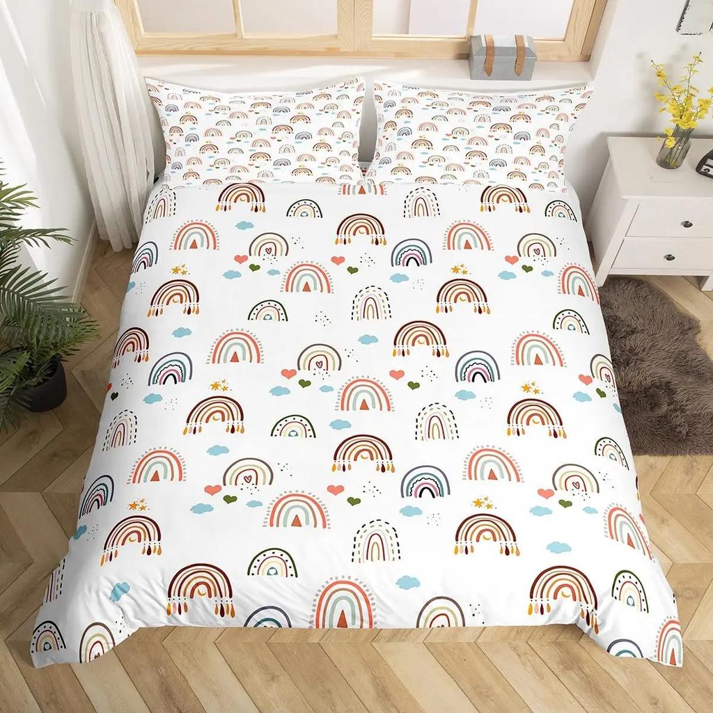 Comforter Rainbow Heart Love Bedding Set Microfiber Colorful Rainbow Clouds Comforter Twin King Size For Kids Girls
