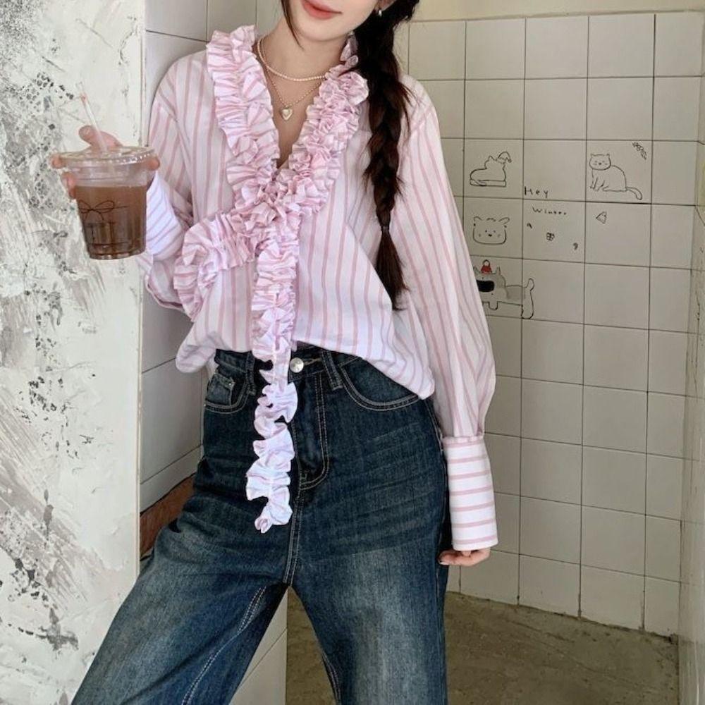 Sweet Deep V Flouce Shirt Tassel Women Shirt Top Comfortable Long Sleeve Shirts  Office
