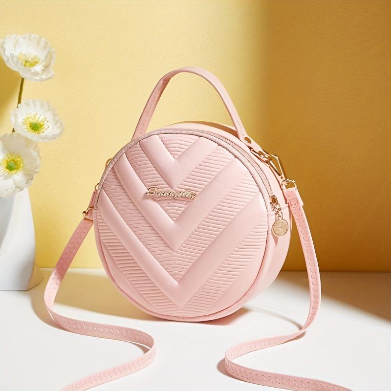 

Chic Circle Crossbody Purse V-Quilted Pattern, Detachable Strap, Elegant Shoulder Bag for Daily Essentials, Perfect for Women s Everyday Use рожевий