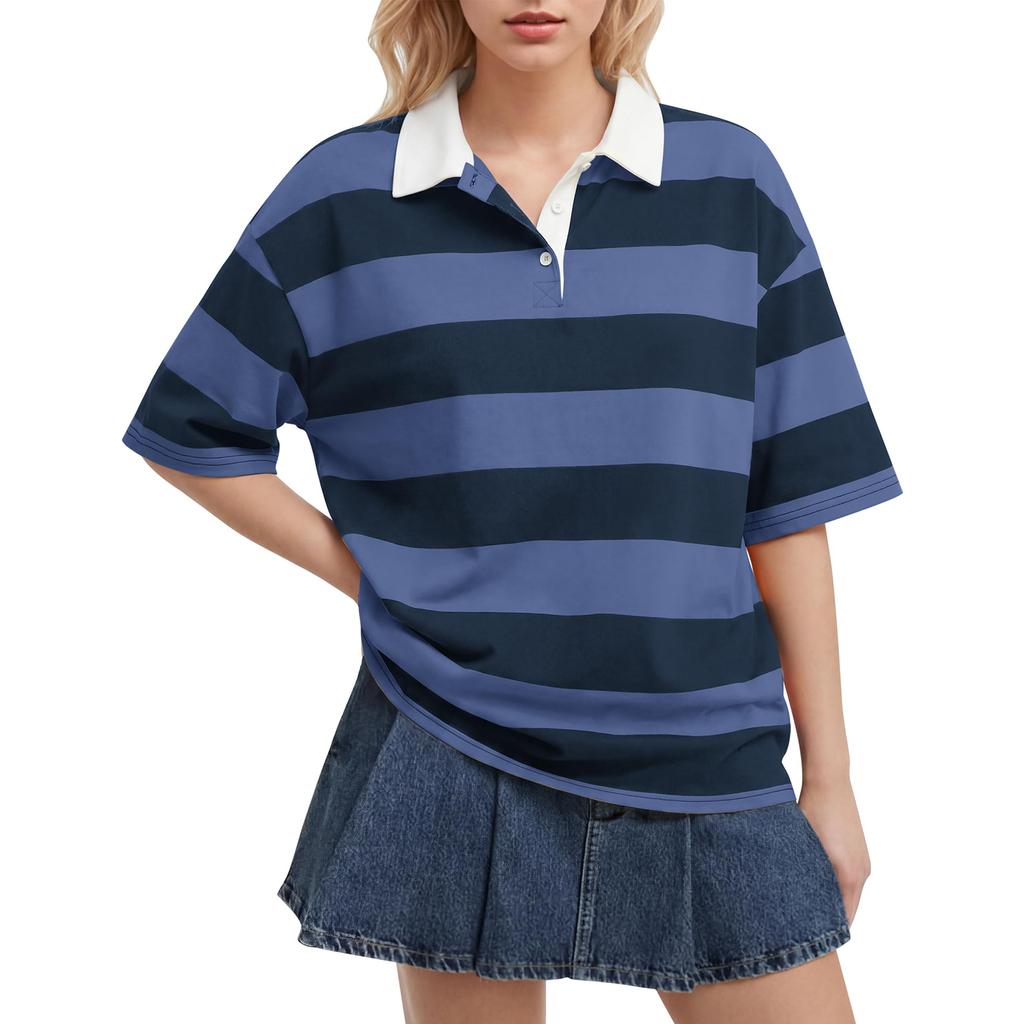 Women’s Casual Striped Polo Collar Loose Fit Short Sleeve Top Relaxed Style Pullover Shirt for Everyday Wear