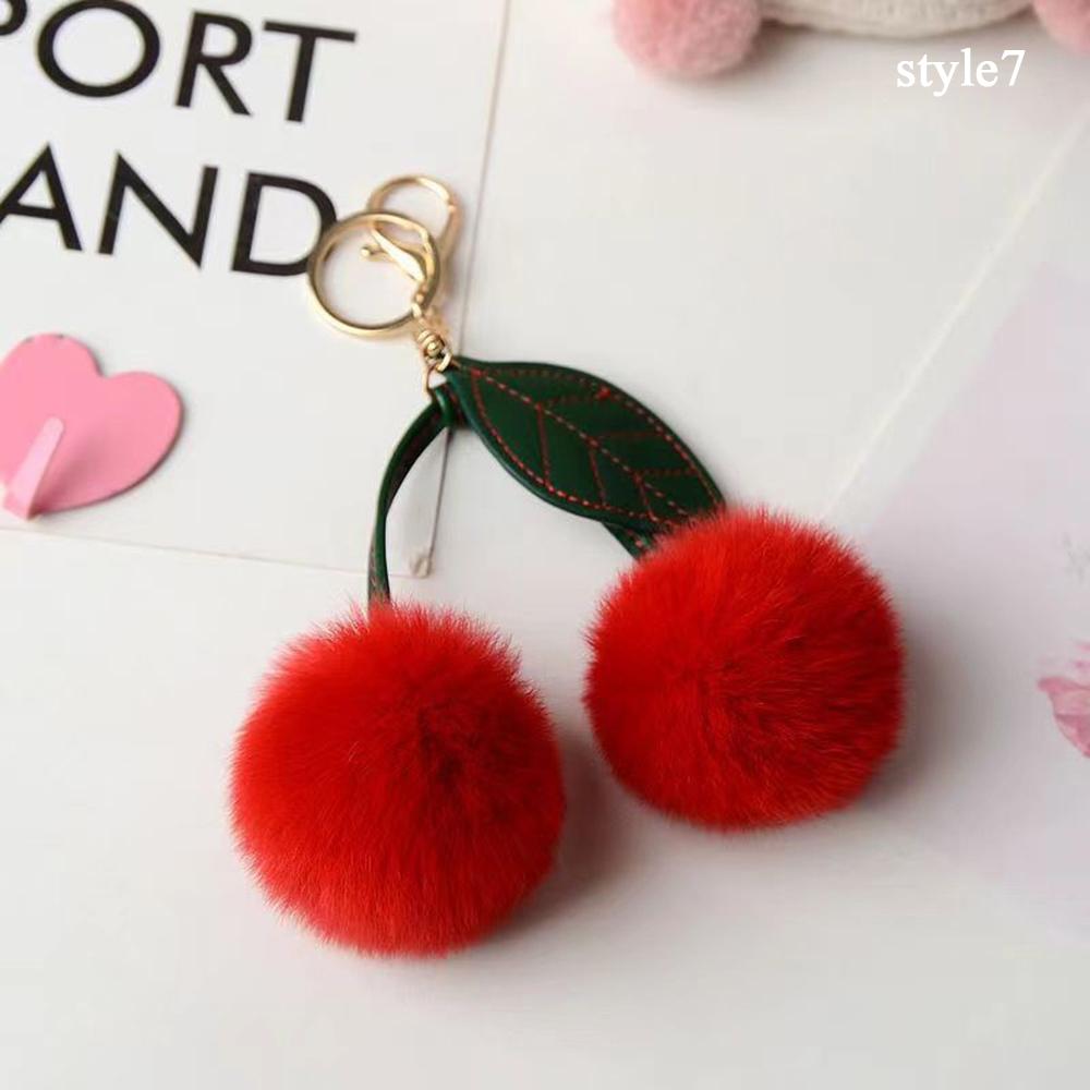 Keychain Key Fob Bag Pendant Fluffy Cherry Keyring Bag Hanging Leaf Artificial Rabbit Fur Ball Key Holder Plush Bag Accessories