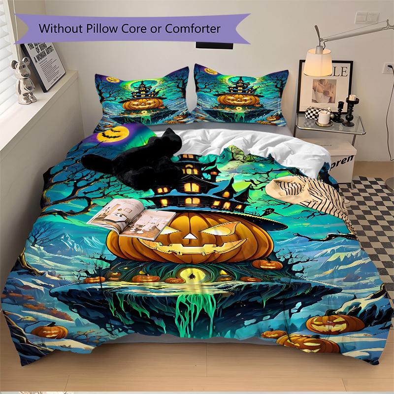 3pcs Halloween Pumpkin House Duvet Cover Set - Machine Washable, Includes 1 Cover and 2 Pillowcases, No Core Included Yy251013049