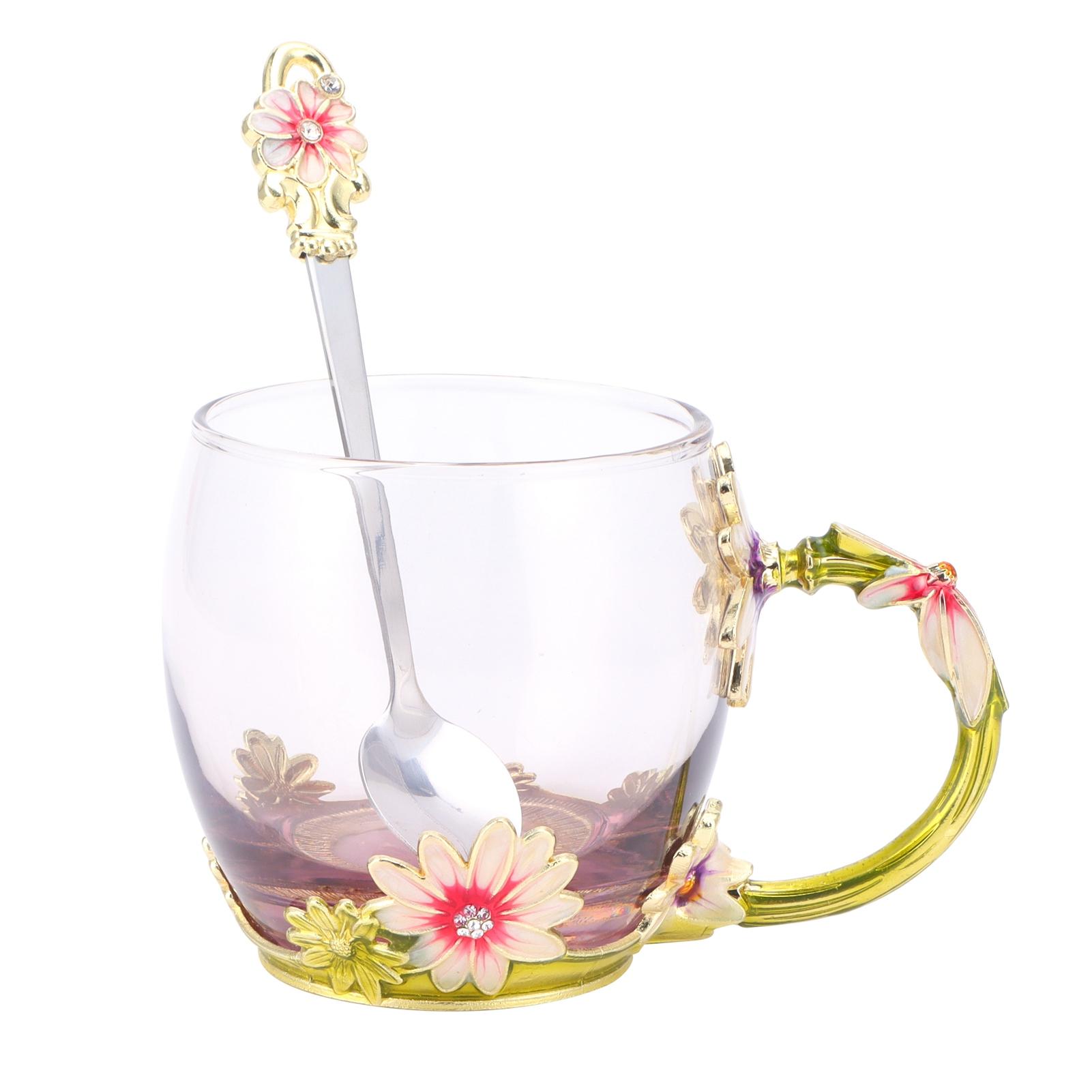 

Glass Cup Innovative Flower Tea Cup with Spoon Drink Mug Birthday Christmas Festive Gifts Type 2