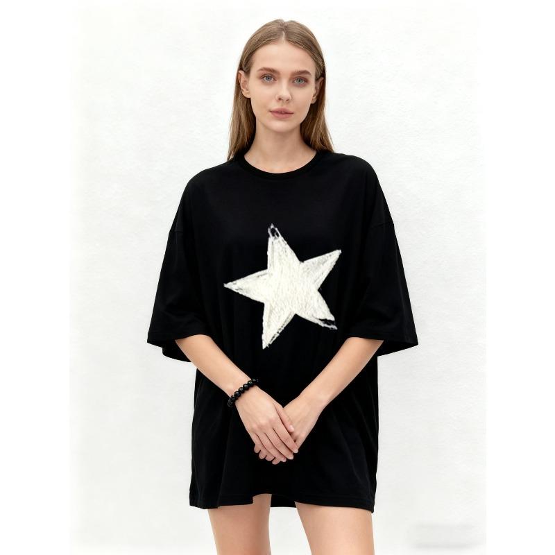 Oversized T Shirt Black Star Print Casual Wear for Women Summer Streetwear Fashion Loose Fit Top